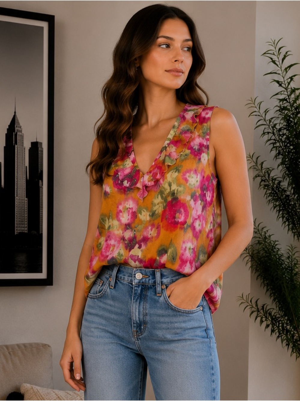 J. Crew Floral Watercolor Ruffle Neck Tank size‎ 2